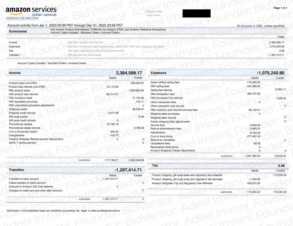 Amazon Seller Central account activity statement for 2023 showing income, expenses and adjustments