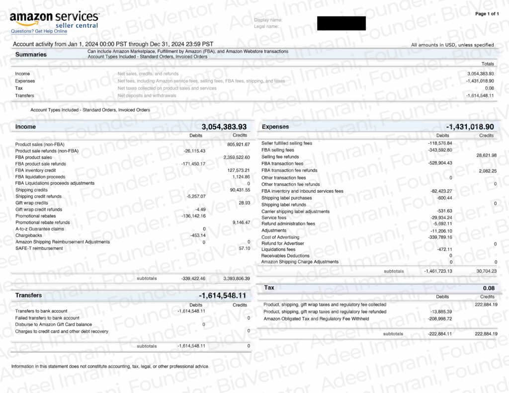 Amazon Seller Central account activity statement for 2024 showing income, expenses and adjustments