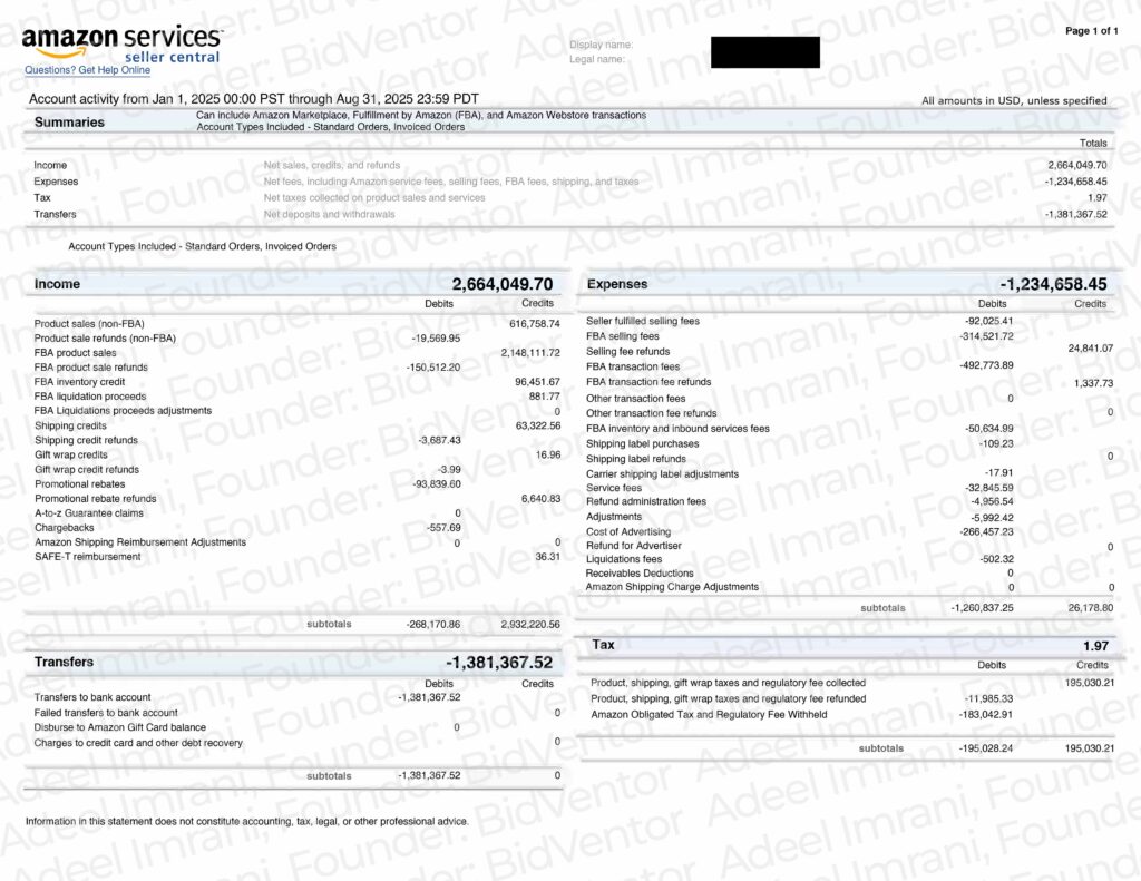 Amazon Seller Central account activity statement for January to August 2025 showing income, expenses and adjustments